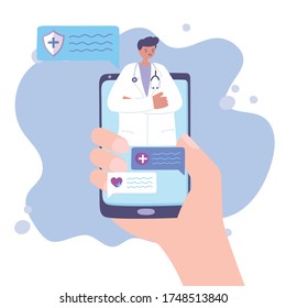 telemedicine, hand with smartphone doctor online support vector illustration