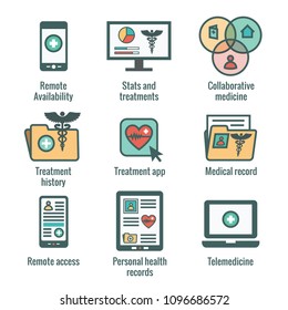 Telemedicine And Health Records Icon Set W Caduceus, File Folders, Computers, Etc