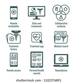 Telemedicine And Health Records Icon Set W Caduceus, File Folders, Computers, Etc