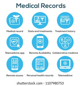 Telemedicine and Health Records Icon Set w Caduceus, file folders, computers, etc