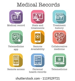 Telemedicine And Health Records Icon Set W Caduceus, File Folders, Computers, Etc