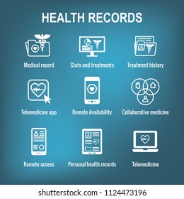 Telemedicine & Health Records Icon Set With Caduceus, File Folders, Computers, Etc