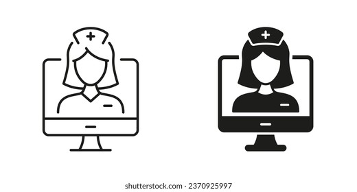 Telemedicine and Healthcare Symbol Collection. Physician Consultation. Remote Doctor Woman Pictogram. Video Online Medical Service Line and Silhouette Black Icon Set. Isolated Vector Illustration.