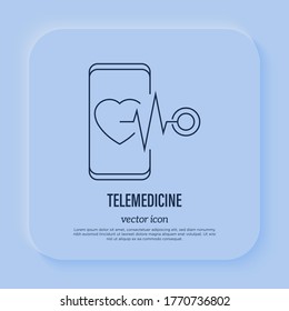 Telemedicine: heartbeat on smartphone screen. Online consultation. Thin line icon. Non-contact diagnostics. Vector illustration.