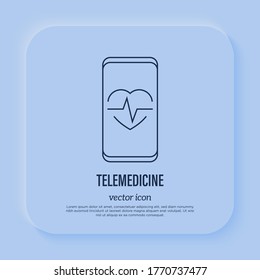 Telemedicine: heartbeat on smartphone screen. Online consultation. Thin line icon. Non-contact diagnostics. Vector illustration.