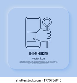 Telemedicine: human hand with stethoscope gets out from smartphone screen. Online consultation. Thin line icon. Non-contact diagnostics. Vector illustration.