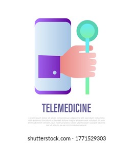 Telemedicine: human hand with stethoscope gets out from smartphone screen. Online consultation. Gradient icon. Non-contact diagnostics. Vector illustration.