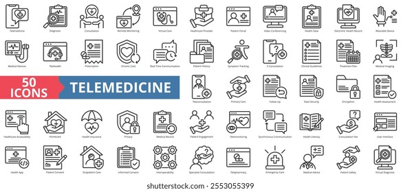 Conjunto de colección de iconos de telemedicina. Contener telefarmacia, telesalud, teleconsulta, telemonitorización, diagnóstico, consulta, monitoreo remoto, virtual, salud, atención, proveedor, e-consulta