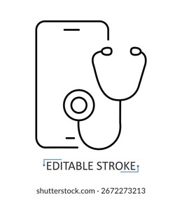 Telemedicine icon with editable stroke. Vector outline of smartphone and stethoscope. Minimalist illustration for online healthcare, digital medicine, remote consultation, doctor app