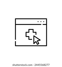 Telemedicine icon. Mouse pointer on cross in browser page. Accessing healthcare remotely through web platforms. Editable