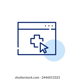 Icono de telemedicina. Puntero del ratón en la cruz en la página del navegador. Acceso remoto a la asistencia sanitaria a través de plataformas de Web. Vector