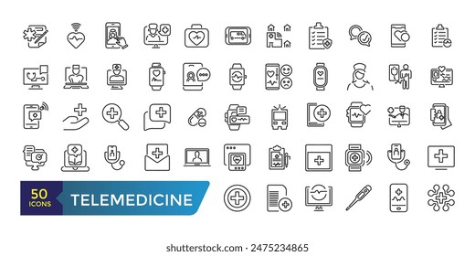 In: Telemedicine Icon Set. Konsultation des medizinischen Videos. Ferndiagnose der Gesundheit. Kollektion und Packung linearer Web- und UI-Symbole. Bearbeitbarer Strich. Vektorillustration