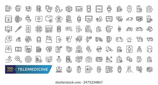 telemedicine icon set. Medical video consultation. Remote health diagnosis. Collection and pack of linear web and ui icons. Editable stroke. Vector illustration