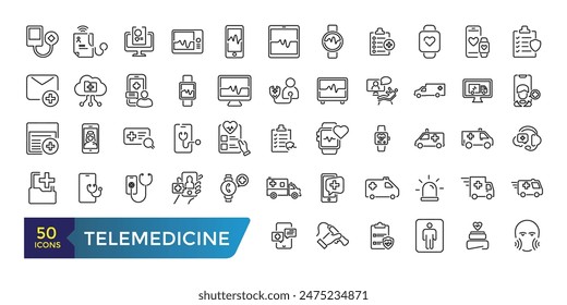 telemedicine icon set. Medical video consultation. Remote health diagnosis. Collection and pack of linear web and ui icons. Editable stroke. Vector illustration