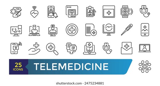 telemedicine icon set. Medical video consultation. Remote health diagnosis. Collection and pack of linear web and ui icons. Editable stroke. Vector illustration