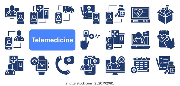 telemedicine icon set. Medical video consultation. Remote health diagnosis. Collection and pack of linear web and ui icons. Editable stroke. Vector illustration