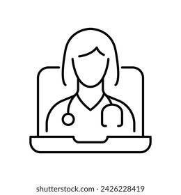 Telemedicine icon. Simple outline style. Telehealth virtual visit, video visit with female doctor on laptop, healthcare concept. Thin line symbol. Vector illustration isolated.