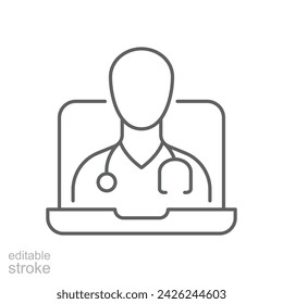 Icono de telemedicina. Estilo de contorno simple. Visita virtual de telesalud, visita en video con un médico en una computadora portátil, concepto de atención médica. Símbolo de línea fina. Ilustración vectorial aislada. Trazo editable.