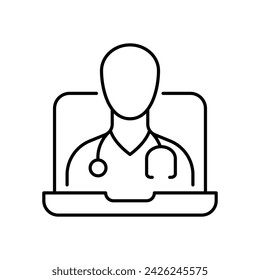 Telemedizin-Symbol. Einfacher Gliederungsstil. Virtueller Besuch im Telehealth-Bereich, Videobesuch mit einem Arzt auf einem Laptop, Gesundheitskonzept. Symbol für dünne Linien. Vektorgrafik isoliert.