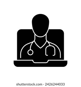 Telemedicine icon. Simple solid style. Telehealth virtual visit, video visit with male doctor on laptop computer, healthcare concept. Black silhouette, glyph symbol. Vector illustration isolated.