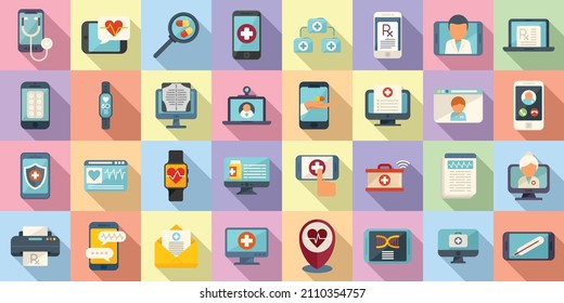 Telemedicine icons set flat vector. Remote doctor. App screen