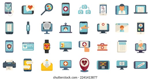 Iconos de telemedicina establecen vector plano. Médico remoto. Pantalla de aplicación aislada