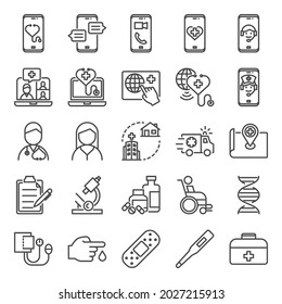 Telemedicine Icons Set. Outline Icons Related Hospital And Medical Care.