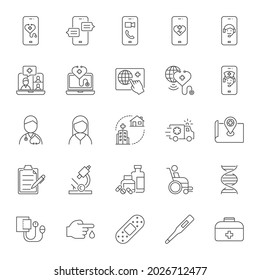 Telemedicine icons set. Thin line icons related hospital and medical care.
