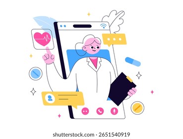 Ilustração da telemedicina Apresentando inovação na área de saúde com diagnóstico de IA, aplicativos de saúde móvel e integração de tecnologia por meio de dispositivos inteligentes