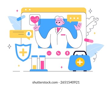Ilustração da telemedicina Apresentando inovação na área de saúde com diagnóstico de IA, aplicativos de saúde móvel e integração de tecnologia por meio de dispositivos inteligentes