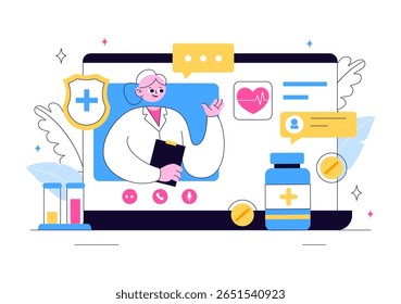 Ilustração da telemedicina Apresentando inovação na área de saúde com diagnóstico de IA, aplicativos de saúde móvel e integração de tecnologia por meio de dispositivos inteligentes