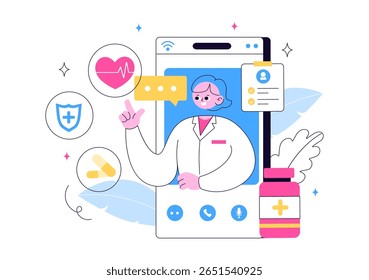 Ilustração da telemedicina Apresentando inovação na área de saúde com diagnóstico de IA, aplicativos de saúde móvel e integração de tecnologia por meio de dispositivos inteligentes