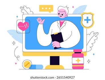 Ilustração da telemedicina Apresentando inovação na área de saúde com diagnóstico de IA, aplicativos de saúde móvel e integração de tecnologia por meio de dispositivos inteligentes