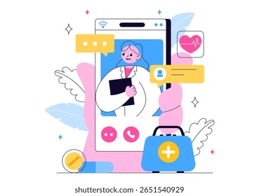 Ilustração da telemedicina Apresentando inovação na área de saúde com diagnóstico de IA, aplicativos de saúde móvel e integração de tecnologia por meio de dispositivos inteligentes
