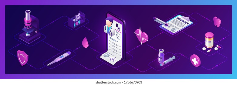 Telemedicine isometric concept. Distance online medicine app for mobile phone. Smartphone with doctor and medical recipe, insurance policy, tablets, thermometer and glass flasks, 3d vector banner