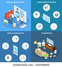 Telemedicine isometric design concept with online consultation medical mobile apps and devices isolated vector illustration