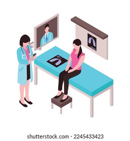 Telemedicine isometric icon with doctor consulting patient online after doing xray 3d vector illustration