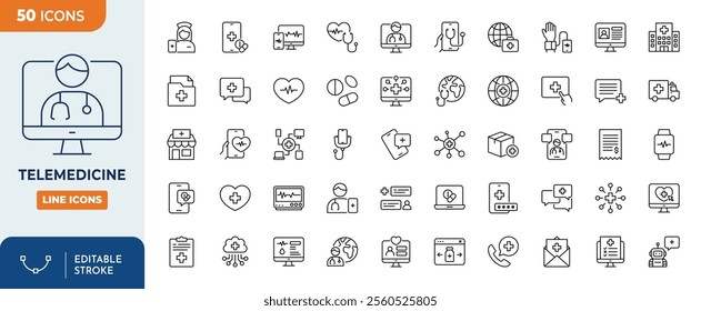 telemedicine line editable icon set. Remote health diagnosis. Contains such icons as Stethoscope, Telemedicine, Digital Healthcare, Video Call with Doctor, Online Consultation, Nurse, Doctor and more