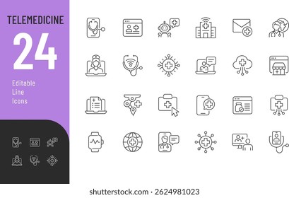 Linha de telemedicina Ícones editáveis definidos. Ilustração vetorial no estilo de linha fina moderna de ícones relacionados à saúde on-line: consulta virtual, aplicativo médico, médico on-line e muito mais.
