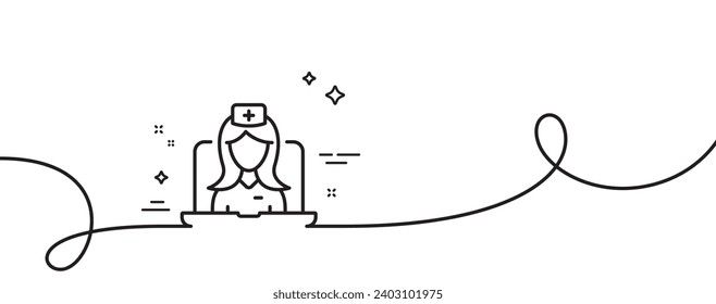 Icono de línea de telemedicina. Una línea continua con curl. Señal de médico en línea. Símbolo de medicina. Cinta de contorno único de telemedicina. Patrón de curva de bucle. Vector