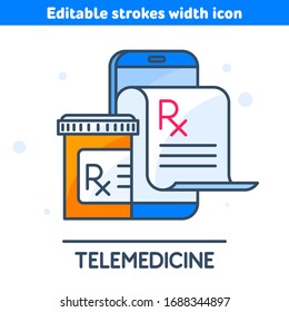 Icono de línea de telemedicina. Un médico le prescribe un medicamento. Símbolo lineal de smartphone, prescripción Rx de la pantalla, botella de píldora naranja. Ilustración vectorial del concepto de tecnologías médicas modernas.