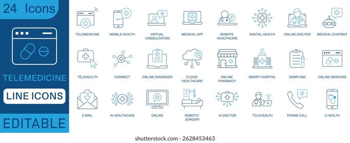 Conjunto de ícones de linha de telemedicina. Contendo telessaúde, consulta virtual, médico on-line, assistência médica remota, aplicativo médico, hospital inteligente e muito mais.