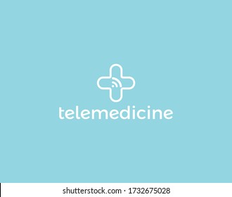 Telemedicine Logo Concept, Isolated Vector Medical Cross And Wifi Signal Icon. Tele Medicine Technology Logotype, Medical Digital Consultation Service, App. 