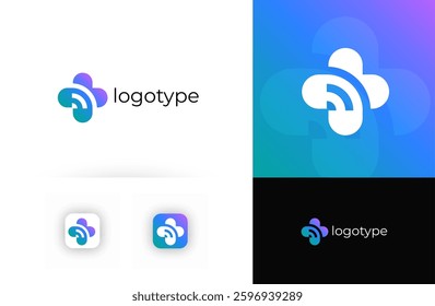 Telemedicine logo with medical cross, symbolizing digital healthcare and online consultations. Suitable for telehealth, virtual clinics, online pharmacies, healthcare apps. Vector logo concept