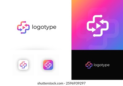 Telemedicine logo with medical cross, symbolizing digital healthcare and online consultations. Suitable for telehealth, virtual clinics, online pharmacies, healthcare apps. Vector logo concept