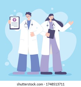 telemedicine, male and female physicians wearing white coats and holding clipboards vector illustration