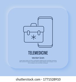 Telemedicine: medical briefcase on smartphone's screen. Online consultation. Thin line icon. Non-contact diagnostics. Vector illustration.