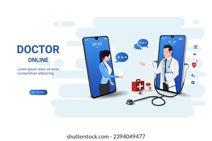 Telemedicine and medical consultation on smartphone app with doctor and patient. Online medical clinic, Doctor online, Ask a doctor, meeting doctor. Healthcare service concept. 3D vector illustration