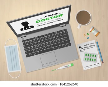 Telemedicine. Medical consultation, online doctor, online medicine technology. Service for remote diagnostic. Laptop with facial mask, pills, thermometer, prescription. Health care Vector illustration