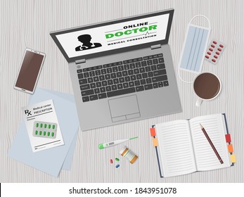 Telemedicine. Medical consultation, online doctor, online medicine technology. Service for remote diagnostic. Laptop with facial mask, pills, thermometer, prescription. Health care Vector illustration